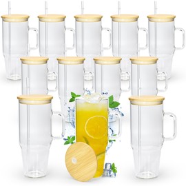 FECBK 40 oz Glass Tumbler with Handle 12 Pack Glass Tumbler with Straw and Lid Clear Glass Water Cup Reusable Iced Coffee Cup, Fits Car Cup Holder, BPA Free, for Boba Tea, Juice, Smoothie, Beer
