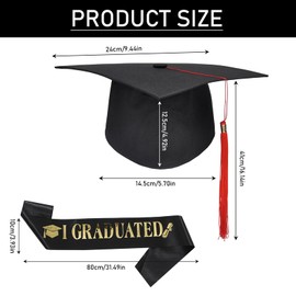 GUOYOU Graduation Hat, Bachelor Hat, Unisex Graduation, Tassel Graduation Hat with IGRADUATED Sash, Black, for Graduations from Study, University, College, Graduation Hat (Doctorate)