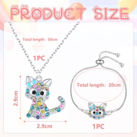 GlamRays Love Rainbow Rhinestone Cat Jewellery Set for Girls Necklace for Girls Bracelet for Girls Jewellery Gift for Girls Daughter Granddaughter Niece, silver, L