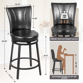 FLYZC Bar Stools Set of 2, Counter Height Swivel Bar Chair with High Backrest, 24" Round Seat Barstools for Kitchen Island, Pub, Metal Base, Upholstered PU Leather Dining Chairs Black
