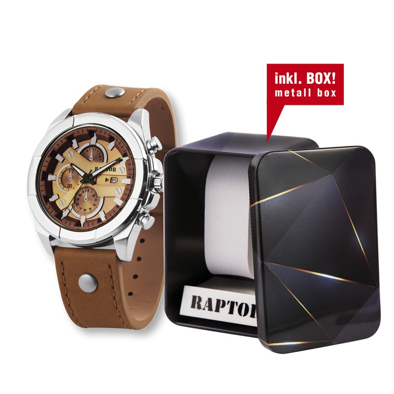 Raptor Men's Chrono-Look Watch with Riveted Bracelet Brown Analogue Date