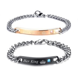 LAFATINA His Hers Couples King and Queen Matching Bracelets Set of 2 Valentine Stainless Steel Couples Her King His Queen Engraved Wedding Link Bracelet Set