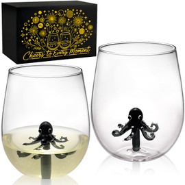 Hand-Blown 3D Black Octopus Stemless Wine Glasses Set of 2, 14oz Unique Fun Octopus Decor Drinking Cups with Gift Box, Mothers Day Gifts, Nautical Themed Wine Glass for Birthday Wedding Party