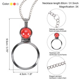 PATIKIL 3X Magnifying Glass Necklace, 3pcs Magnifying Glass Pendant 4.5cm Diameter Glass Lens 80cm Long Chain for Women Reading Gift Crafts Jewelry Needlework, White Orange Red