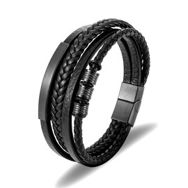 HEIX Adult Multilayer Braised Leather Bracelet Stainless Steel Clasp Gift Idea for Men & Women Jewelry (Black, 23cm/9inch)