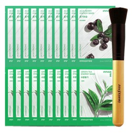 Innisfree Energy Mask Acai Berry 10 sheets + Energy Mask Green Tea 10 sheets + Beauty Tool Master Foundation Brush / 이니스프리 에너지 마스크 아사이베리 10매+에너지 마스크 그린티 10매+뷰티툴 마스터 파운데이션 브러시