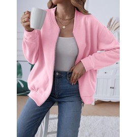 MEROKEETY Basic Zip Front Sweatshirts Crew Neck Solid Color Casual Coat Jacket for Women, Pink, Large
