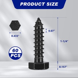 Blulu 60 Pcs 304 Hex Head Lag Screws Stainless Steel Lag Bolts for Wood Plain Finish Hexagon Head Wood Screws(Black, 5/16" x 1-1/4")