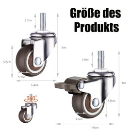 Swivel Castors for Furniture, Brake Castors, M8 x 25 mm, 2 with Brakes + 2 without Brake, 360° Swivel, Steerable, Low Noise, Non-Slip Rubber Wheels, for Indoor and Outdoor Furniture