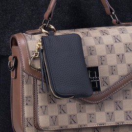 Genuine Leather Key Coin Case Neck Multi-functional Mini Wallet for Women with Accessory Holder for Men Small Leather Coin Case with Key Chain, gray