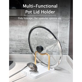 Anti-Rust Metal Spoon Rest with Lid Holder, Heat-Resistant Pot Lid Rest, Multifunctional Spatula Holder While Cooking for Stovetop and Kitchen Counter – Gold White