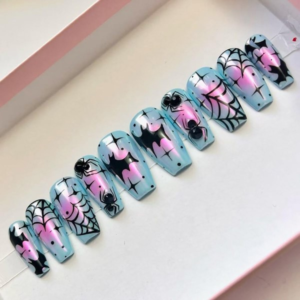 30Pcs Chrome Halloween Press on Nails Long Coffin Fake Nails