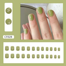 Short Square Press on Nails Green Full Cover Fake Nails Glossy Acrylic Nails Opaque Glue on Nails Reusable Gel Nail Strips 24 Pcs Artificial Nails Removable Stick on Nails for Women