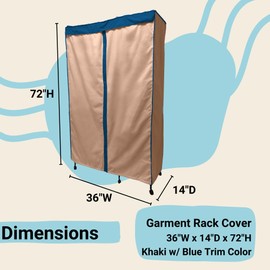 Formosa Covers Portable Garment Rolling Rack Cover - Protect Your Clothes from Dust Keep Your Room Looking Organized (Cover Only) (Khaki with Dusty Blue Trim, 36" W x 14" D x 72" H)