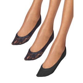 HUE Women's Perfect Edge Liner, 3 Pair Pack, Black-2 Lace, 1 Solid, One Size