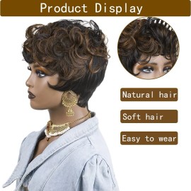 Bingsing Short Pixie Cut Wigs for Black Women Short Curly Hair Layered Wavy Pixie Cut .