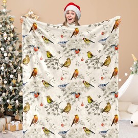 JarThenaAMCS Christmas Fuzzy Blanket Forest Bird Throw Blanket Winter Xmas Soft Cozy Flannel Blanket for Home Party Bed Sofa Couch, 50 x 60 Inch