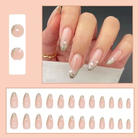 24PCS Short False Nails Almond, French Tip Gold Glitter Press on Nails Designs, Glossy Removable Glue-on Nails Fake Nails Set with Glue Stickers, Acrylic Full Cover Stick on Nails for Women Girls