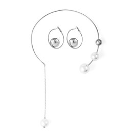 Vanesseva Minimalist Open Cuff Choker Pearl Bead Ball Chain Necklace and Circle Ball Earrings for Women,Geometric Metal Choker Galaxy Aesthetic, Punk Rocker Faux Pearl Necklace Statement Cool Jewelry