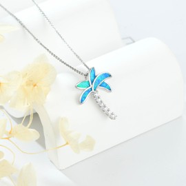 kissdove Blue Tropical Palm Tree Necklace - Gem-inlaid Sterling Silver Jewelry for Women with Adjustable 18-20 Inch Chain, Gift Box Included