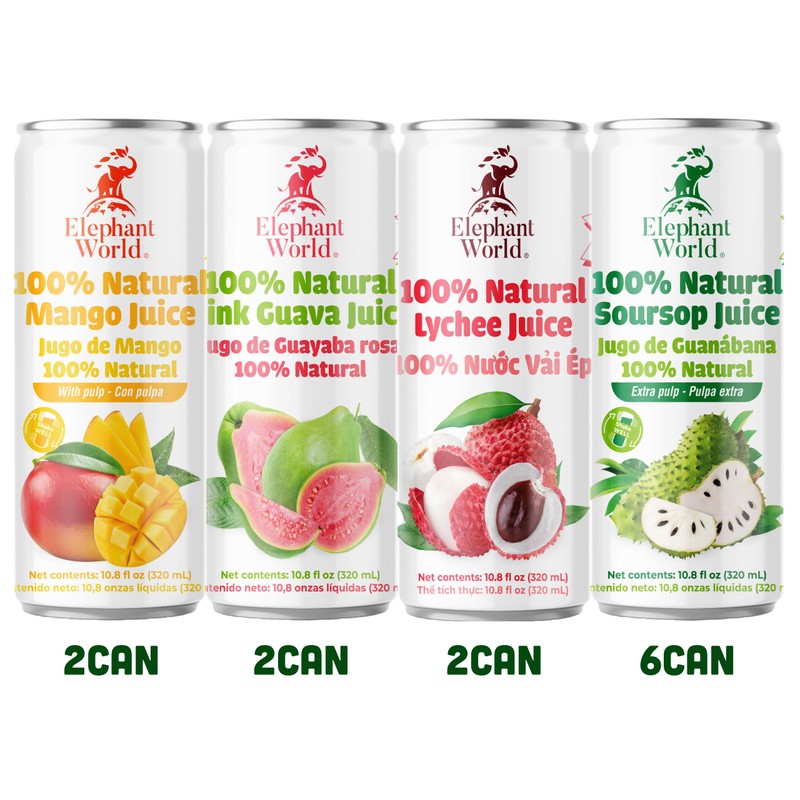 ELEPHANT WORLD 100% Natural Juices | Assorted Superfruits | Soursop-Mango-Guava-Lychee