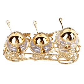 NSXAYIWE 3 Pcs Seasoning Box with Spoon and Lid, European Style Gold Salt Sugar Container Set, 10oz Glass Condiment Containers with Lids & Shelf for Coffee Bar Kitchen Accessories