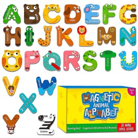 Imanes de letras magnéticas grandes para niños,26 Letras Magnéticas,20 Imanes del Numérico para Niños,52 imanes para nevera,lindos imanes del alfabeto de animales, juegos de aprendizaje de ortografía