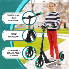 SereneLife Kick Scooter for Adults, Teenagers and Kids - 2 Wheel Scooter With Adjustable T-Bar Handlebar - Alloy Anti-Slip Deck - Portable Folding With Carrying Strap - Aqua
