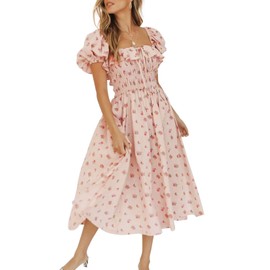 R.Vivimos Womens Summer Floral Print Puff Sleeves Vintage Ruffles Midi Dress (Small, Pink)