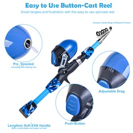 LEOFISHING 170cm/5.6ft Kids Fishing Rod Set Portable Telescopic Kids Fishing Poles with Collasible Chair Fishing Net Carrier Bag and Full Kits for Boys and GirlsBeginner and Youth (Blue)