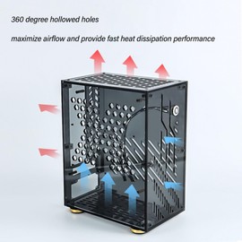 GOWENIC Clear Acrylic Mini ITX Case - 4.3L Capacity, 360 Degree Cooling, for Mini ITX Motherboards, 1U Power Support, 2.5in SSD Compatible, Transparent Side Panel (Black)