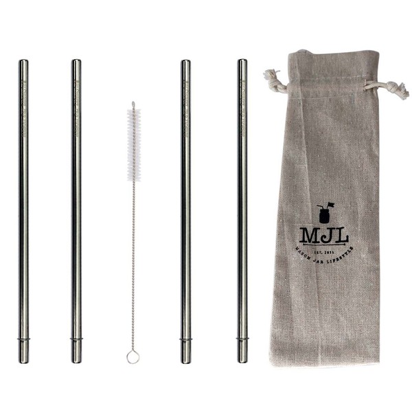 Extra Long Safer Rounded End Stainless Steel Metal Straws for Half Gallon (64oz) Mason Jars (4 Pack + Cleaning Brush + Bag)