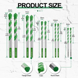 KURSTOL Masonry Drill Bit Set - 10pcs 1/8"-3/8" Concrete Diamond Hole Saw Drill Bit for Brick Ceramic Tile Wood Glass, Tungsten Carbide Tipped Drill Bit Round/Triangle Shank Fixed On Drills