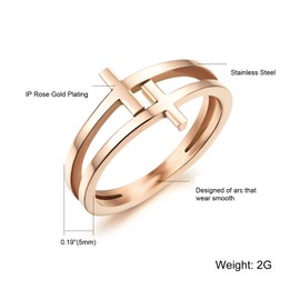 Womens Elegant 18K Rose Gold Stainless Steel Double Cross Ring Christian Fashion Wedding Engagement Band Size 9