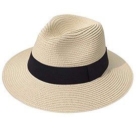 MECOCO Women Wide Brim Straw Panama Roll up Hat Fedora Beach Sun Hat UPF50+ (CA/US, Alpha, Medium, Large, Beige - Square)
