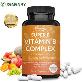 Xemenry Super B Vitamin B Complex Extended Release Capsules (Vitamin B1, B2, B3, B6, B9 - Folic Acid, B12) Contains all B vitamins - Promotes normal functioning of the nervous system - 590MG