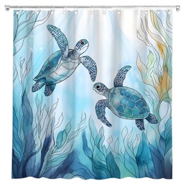 Sea Turtle Shower Curtain Blue Teal Ocean Tropical Coral Seaweed Watercolor Underwater Animal Nautical Coastal Marine Life Bath Curtain Fabric Bathroom Accessories Decor with Hooks 70W x70L