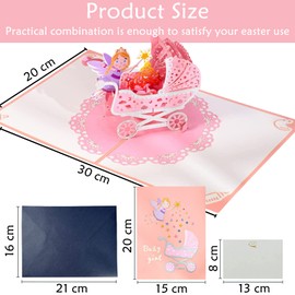NEWUPZSI Greeting Card for the New Baby, Pop-Up 3D Greeting Cards, Birthday Cards, Greeting Cards, Birth Baby Cards, First Birthday Card for Girls, Pink, 3D Pram Card