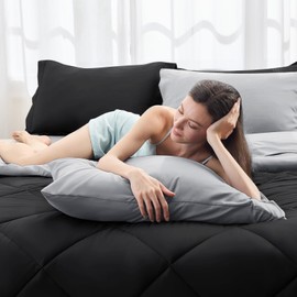 HEVUMYI 5 Pieces Twin Comforter Set, All Seasons Bed in a Bag Twin, Down Alternative Bedding Sets with Twin Size Comforter, Flat Sheet, Fitted Sheet, Pillowcase & Pillow Sham, Black & Light Grey