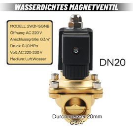 YedZen Brass Solenoid Valve, 230 V AC G3/4 Inch Closed N/C 0-10 Bar DN20 Brass Electromagnetic Valve, Direct Acting Electric Solenoid Valve for Water, Air, Diesel, Kerosene, Petrol