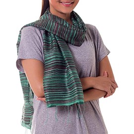 NOVICA Artisan Handmade Silk Batik Scarf Accessories Scarves Green Multicolor Lucite Patterned Thailand ' Mae Nam Khong Valley'
