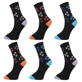 Bonjour - 6 Pairs Non Elastic Soft Loose Wide Top Cotton Socks for Women (Flowers Heel & Toe)