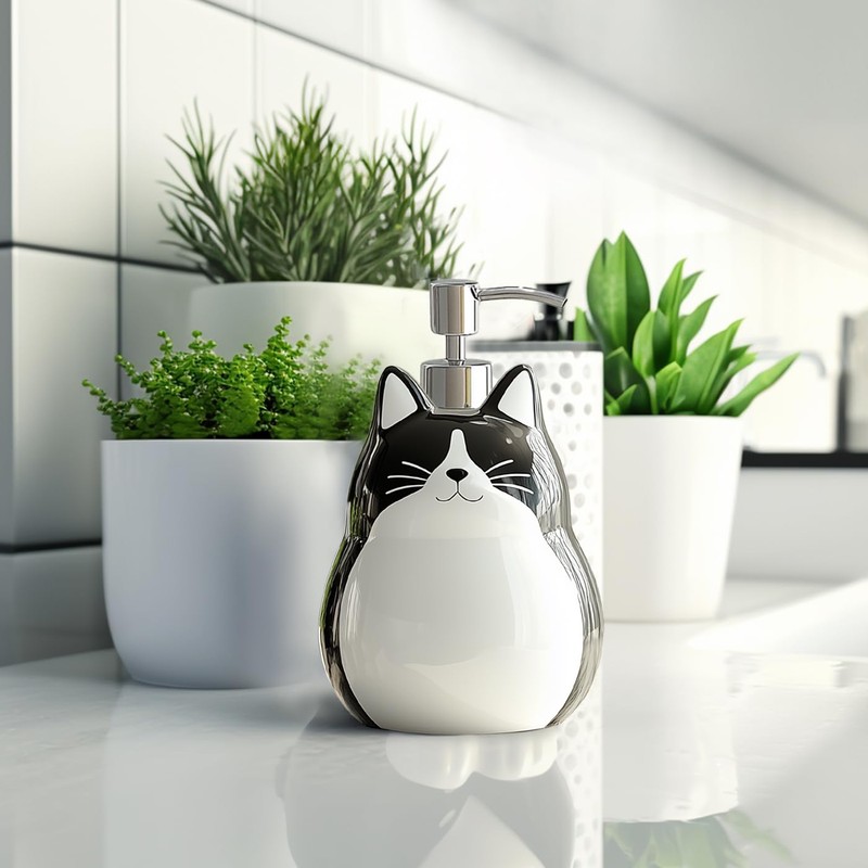 CHOOLD Ceramic Black Cat Soap Dispenser with Plastic Pump, Refillable