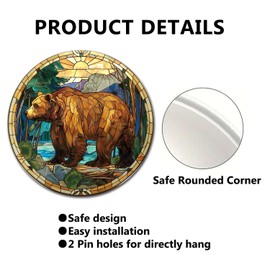 Lygond Metal Sign Tin Sign Circular Stained Glass Bear Home Decor for Patio 12×12 Inches