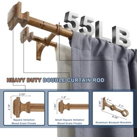 Lwiiom Double Wood Curtain Rods for Windows 72 to 144 Inches,1 Inch Decorative Wooden Curtain Rod with Square Imitation Wood Grain Finials and Double Aluminum Bouquet Bracket, Coffee Brown Wood Grain