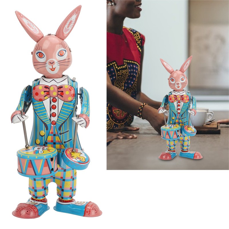 Rabbit Clockwork Toy Retro Metal Swinging Drumming Rabbit Wind Up