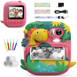 Children's Camera Instant Camera, CAMCLID 2.4 Inch Digital Camera, Children's Dinosaur Instant Camera with 32G Card and 3 Rolls of Printing Paper, Gifts for Boys and Girls 3-12 Years (Pink)
