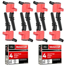 MAS Set of 8 Red Ignition Coil Pack DG508 & 8pcs Motorcraft Spark Plug SP479 Compatible With Ford F150 E250 Expedition Excursion Lincoln Navigator Replacement for DG457 DG491 3W7Z12029AA