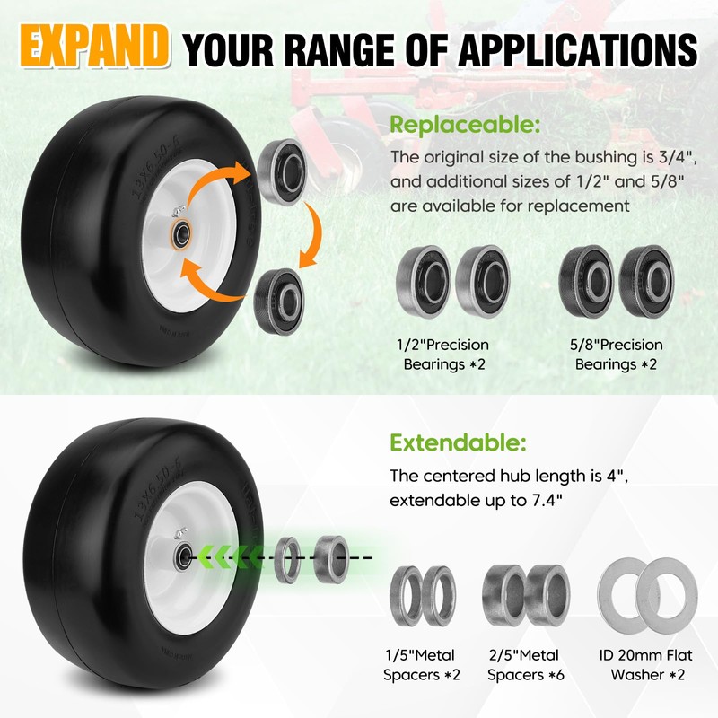 2PCS 13x6.50-6 Flat Free Tire and Wheel with 1/2" &