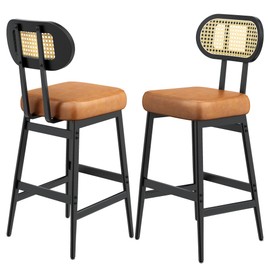 IRONCK Counter Height Bar Stools Set of 2, Modern PU Leather Barstools with Rattan Back and Wide Seat, 30" Tall Bar Chairs for Kitchen Island, Brown